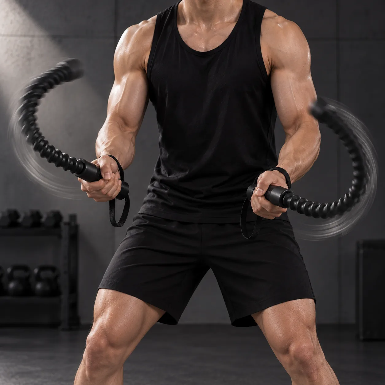 양손으로 Nova Battle Rope를 원형 회전하는 모습