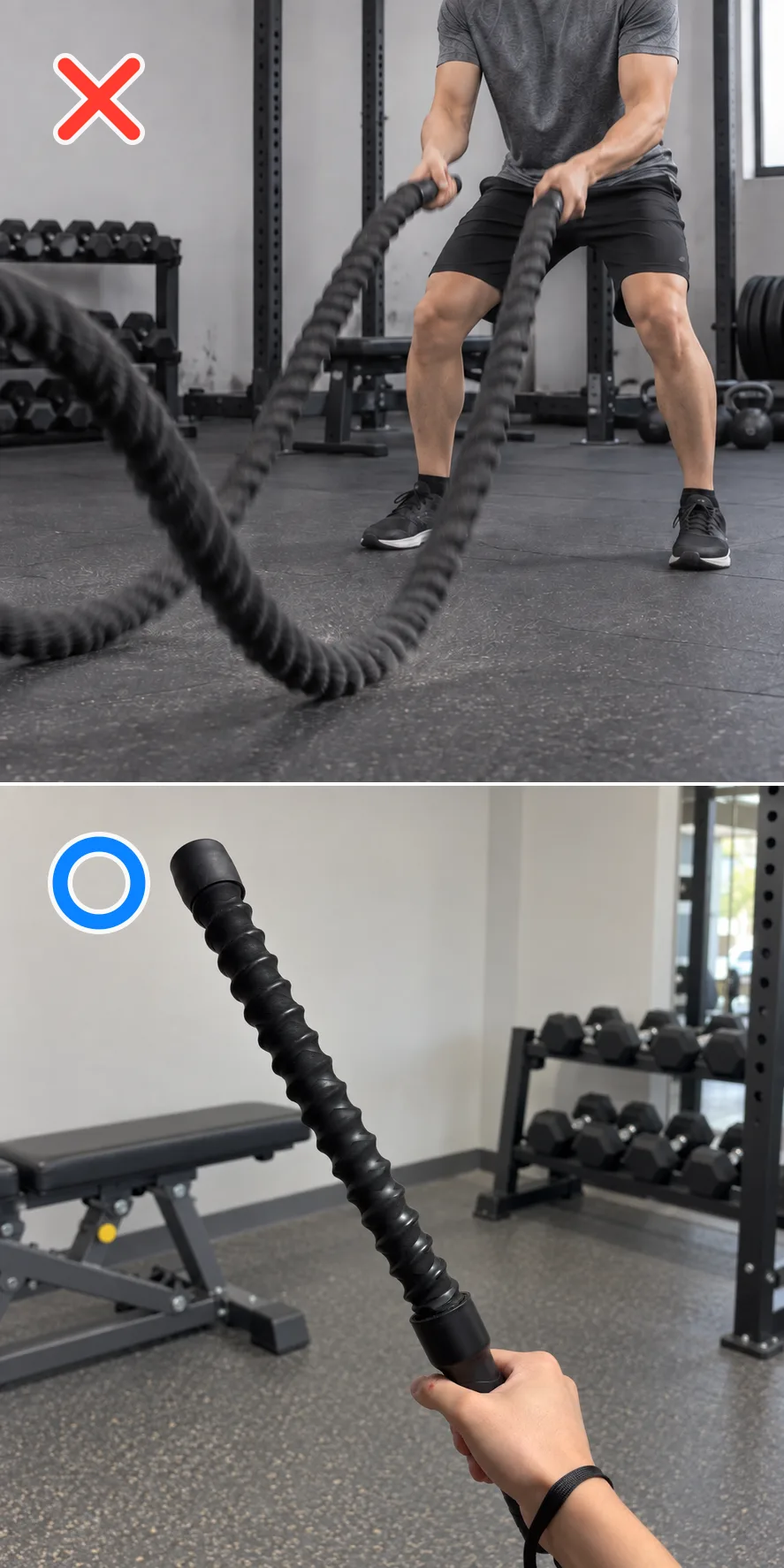 바닥을 치는 일반 배틀로프와 바닥에 닿지 않는 Nova Battle Rope 비교