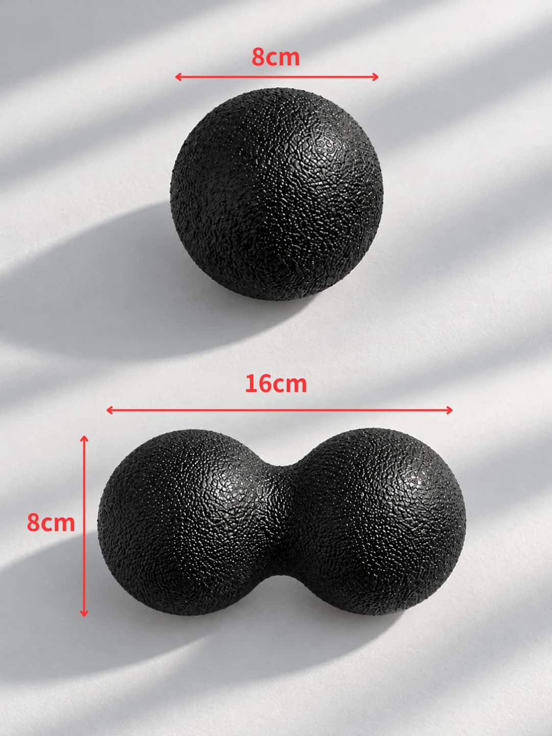 싱글볼 지름 8cm와 더블볼 8 × 16cm 크기 안내