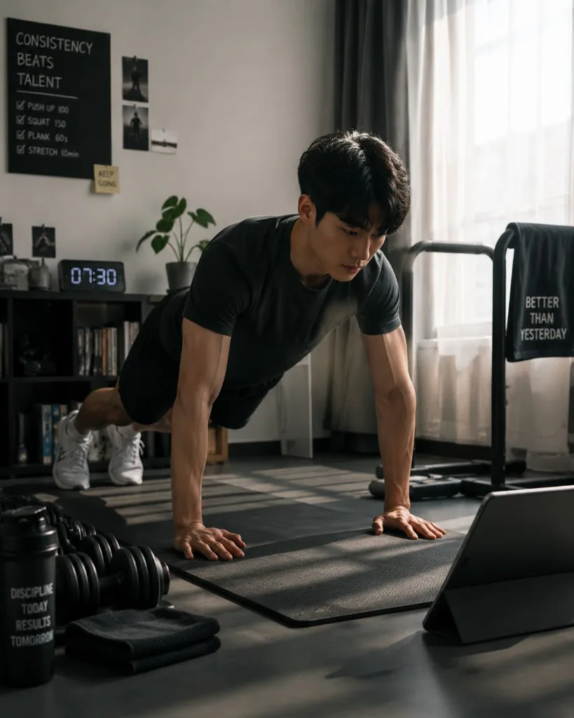 거실 매트 위에서 푸쉬업 패드를 사용하는 홈트 장면