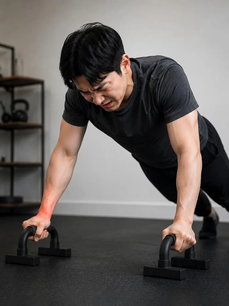 푸쉬업바를 잡고 손목에 부담을 느끼는 모습