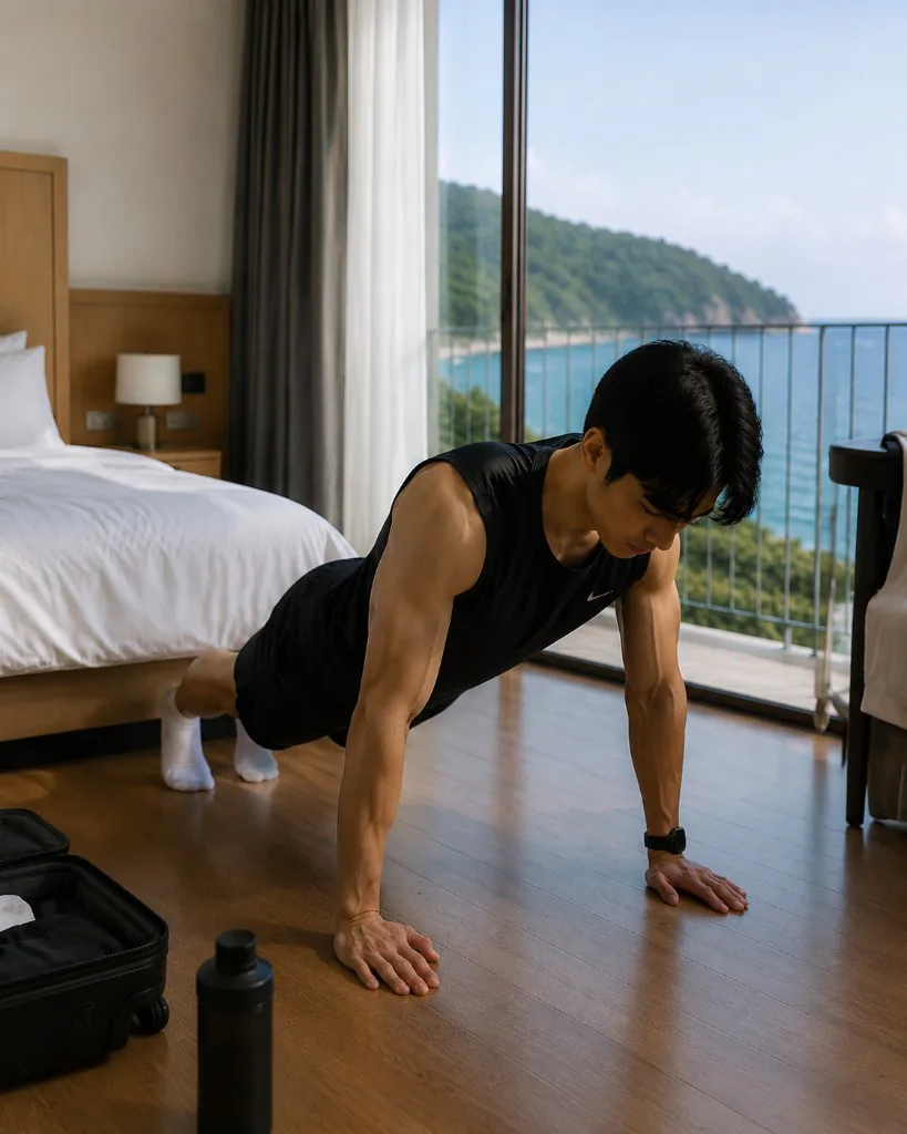 호텔 바닥에서 푸쉬업하는 여행 중 홈트 장면