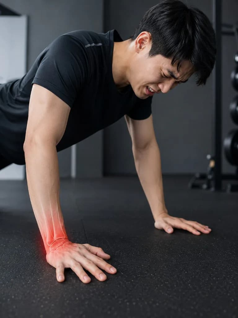 손목 부담 때문에 푸쉬업을 멈춘 사람의 측면 컷