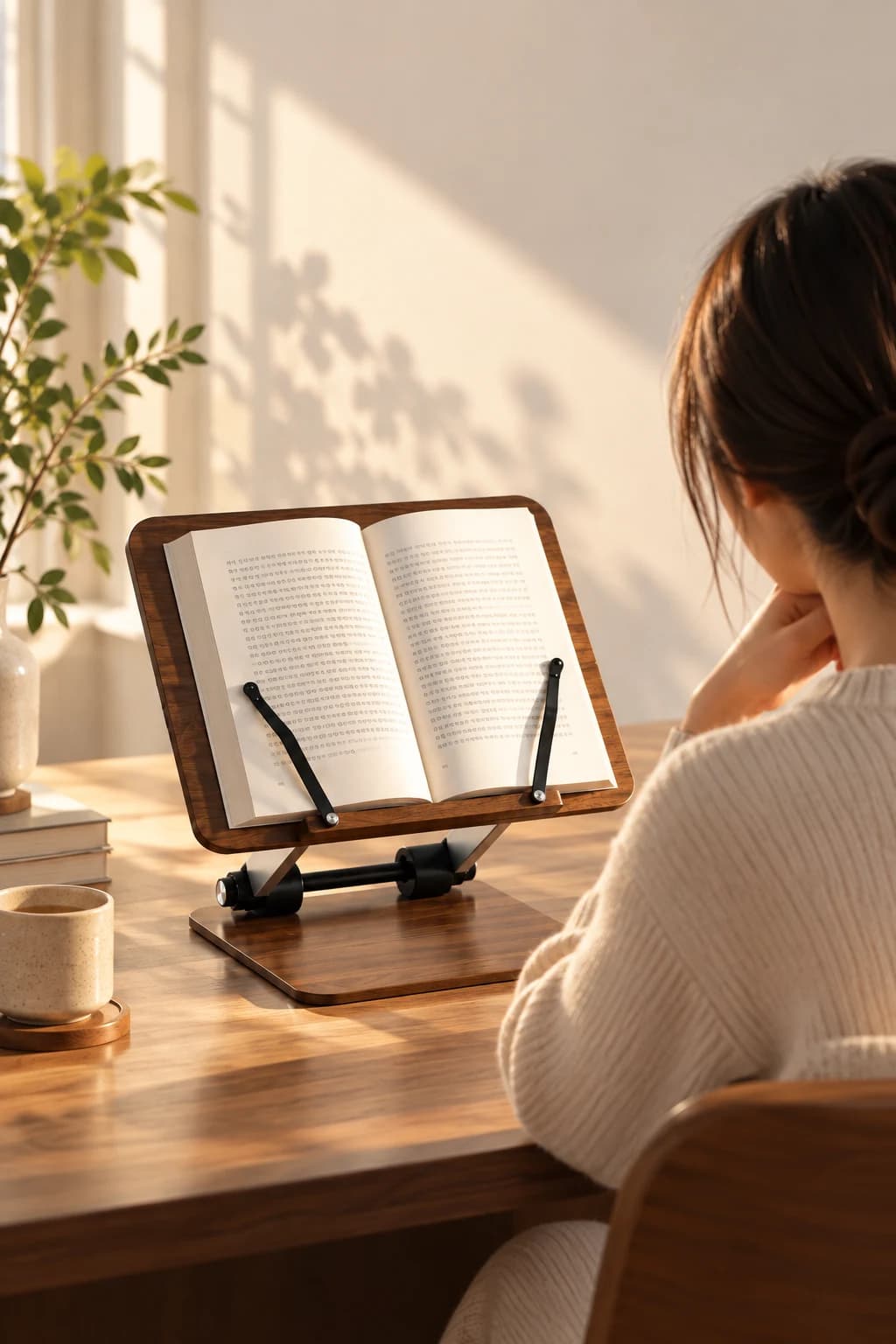 따뜻한 서재에서 Void Book Stand에 펼친 책을 읽는 모습