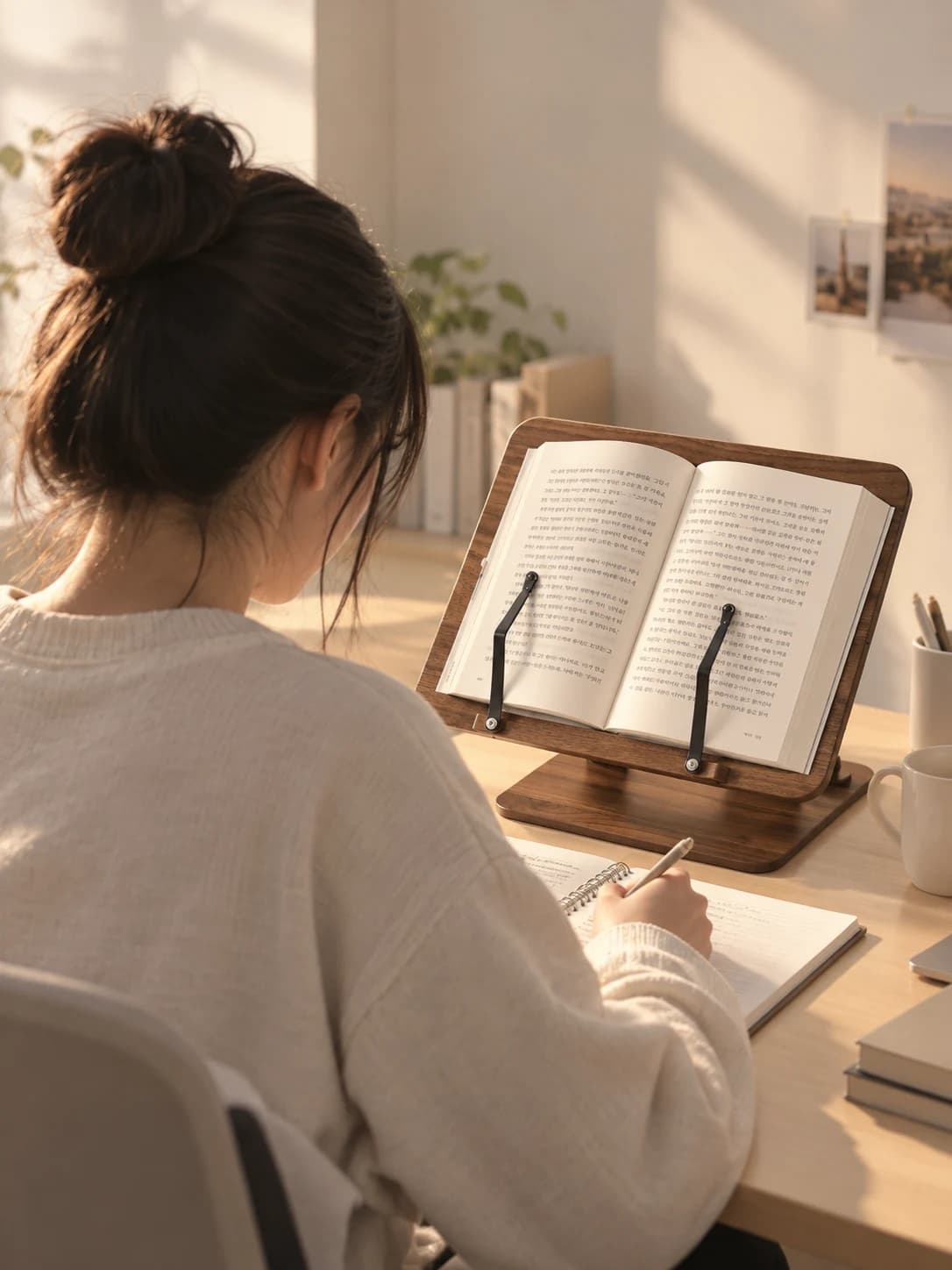 Void Book Stand에 책을 펼쳐 두고 노트에 필기하는 모습