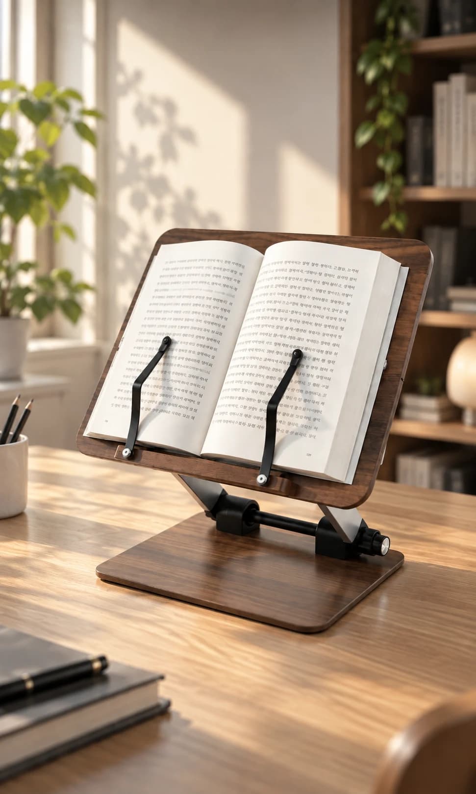 책을 펼쳐 놓은 Void Book Stand가 월넛 책상 위에 놓인 모습