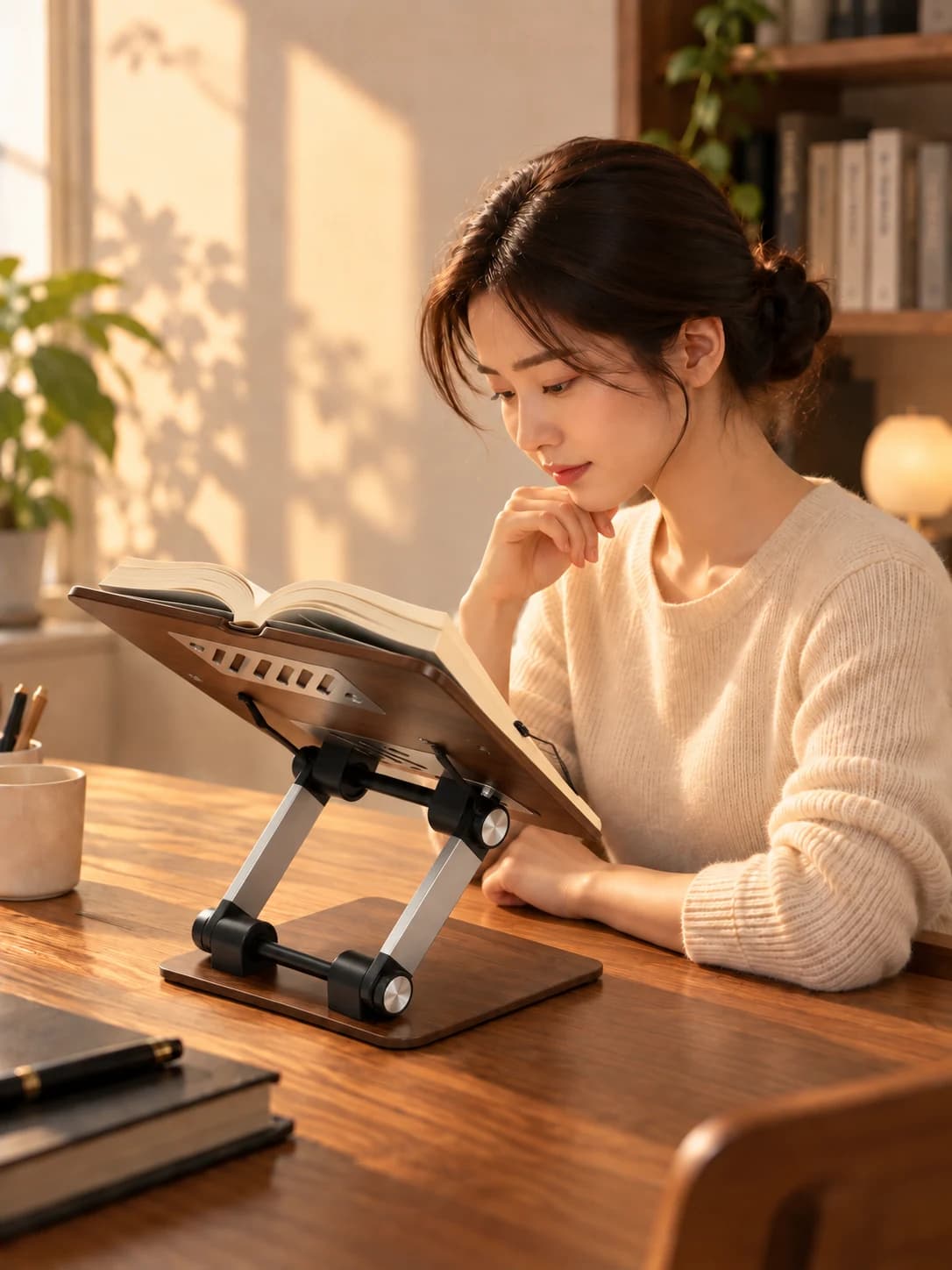 북스탠드에 책을 올려 바른 자세로 읽는 모습