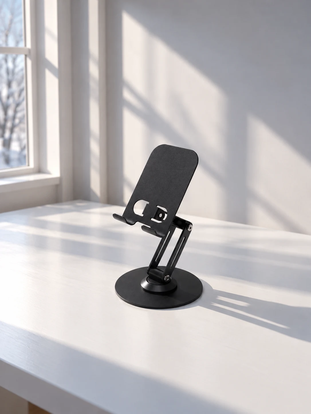햇살이 드는 책상 위에 놓인 Void 360 Phone Stand