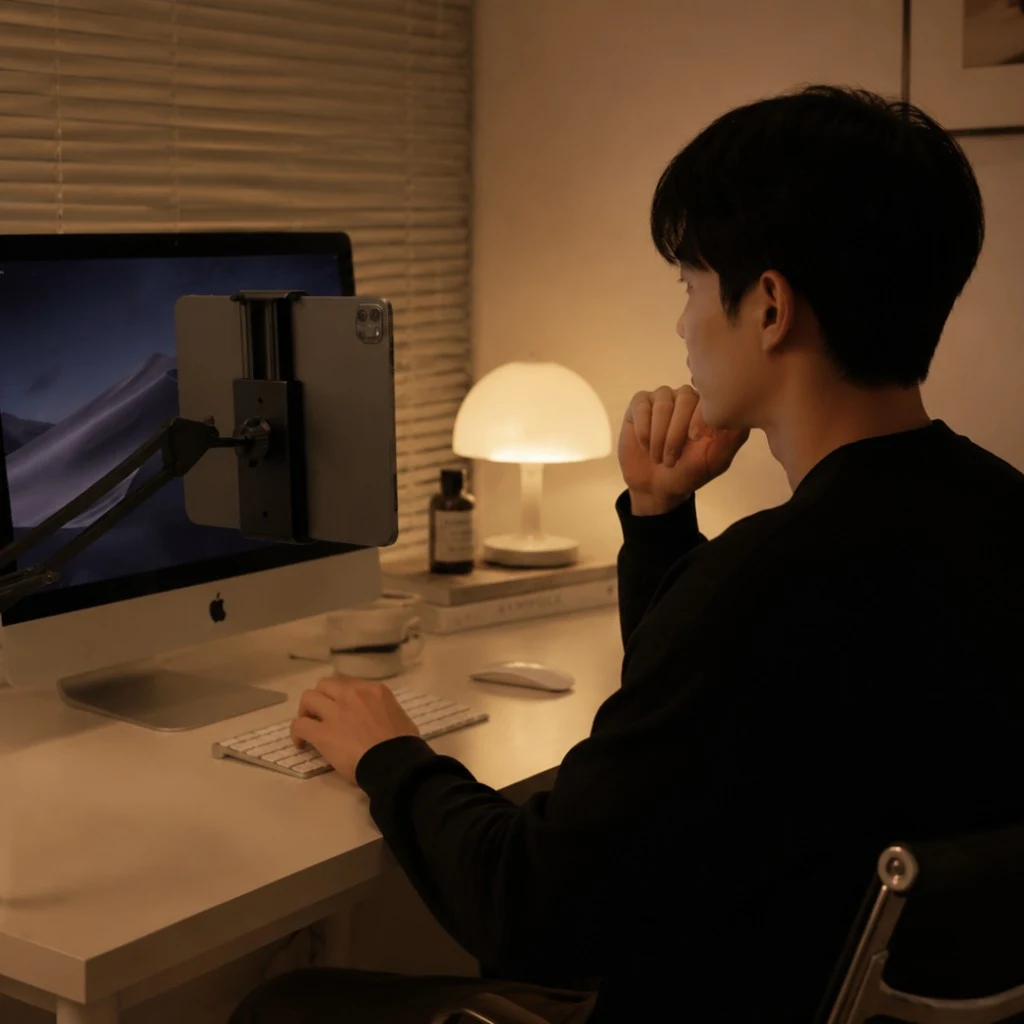 데스크에서 화면을 함께 활용하는 장면