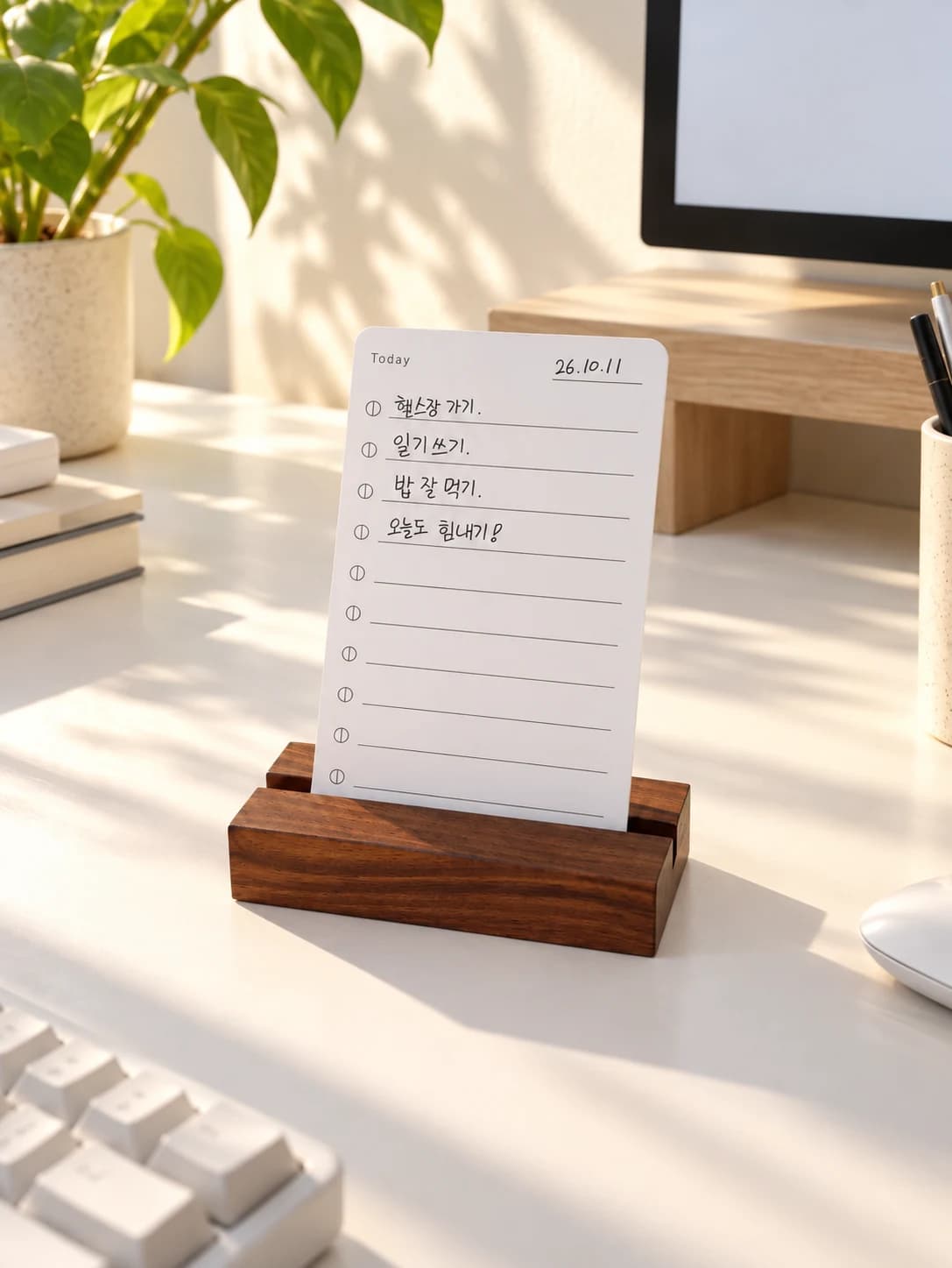 키보드 옆 블랙월넛 받침대에 오늘의 할 일을 적은 투두 카드를 세워둔 모습