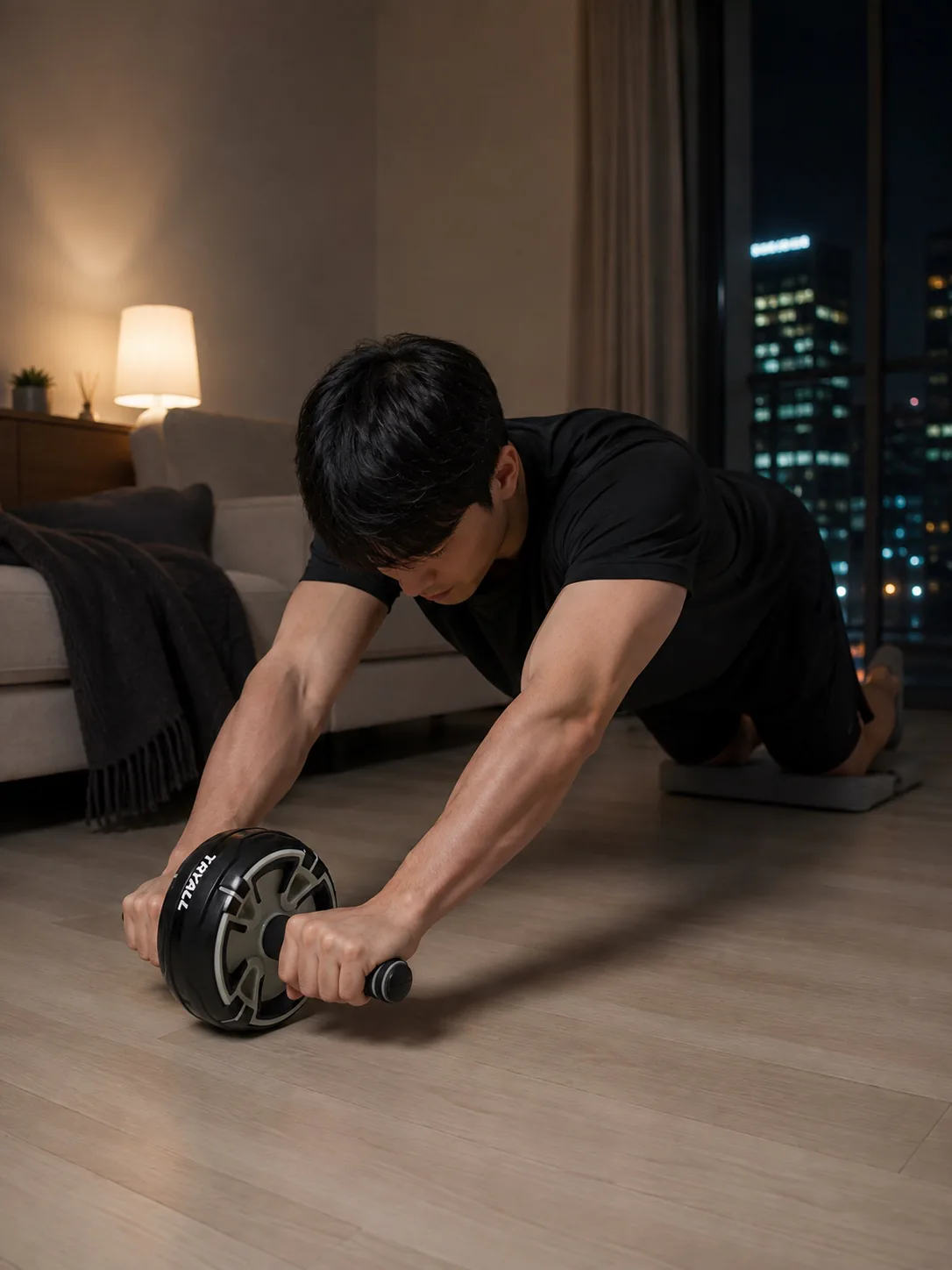 늦은 시간 거실에서 AB 슬라이드로 운동하는 모습