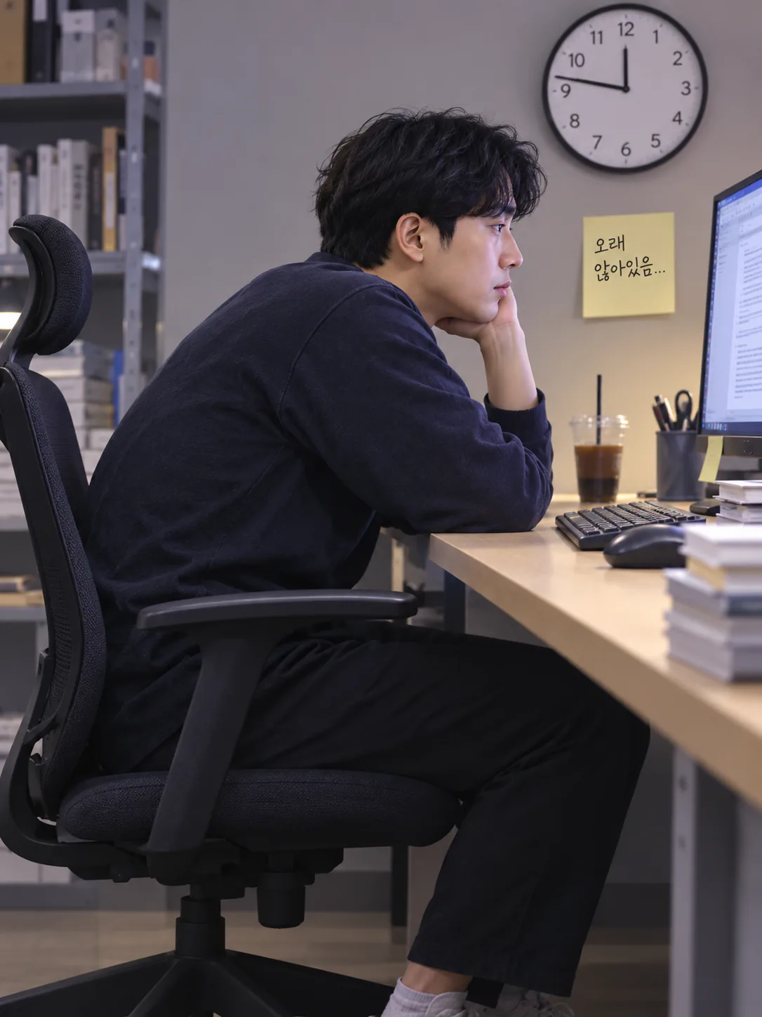 오래 앉아 책상 앞에 있는 사람
