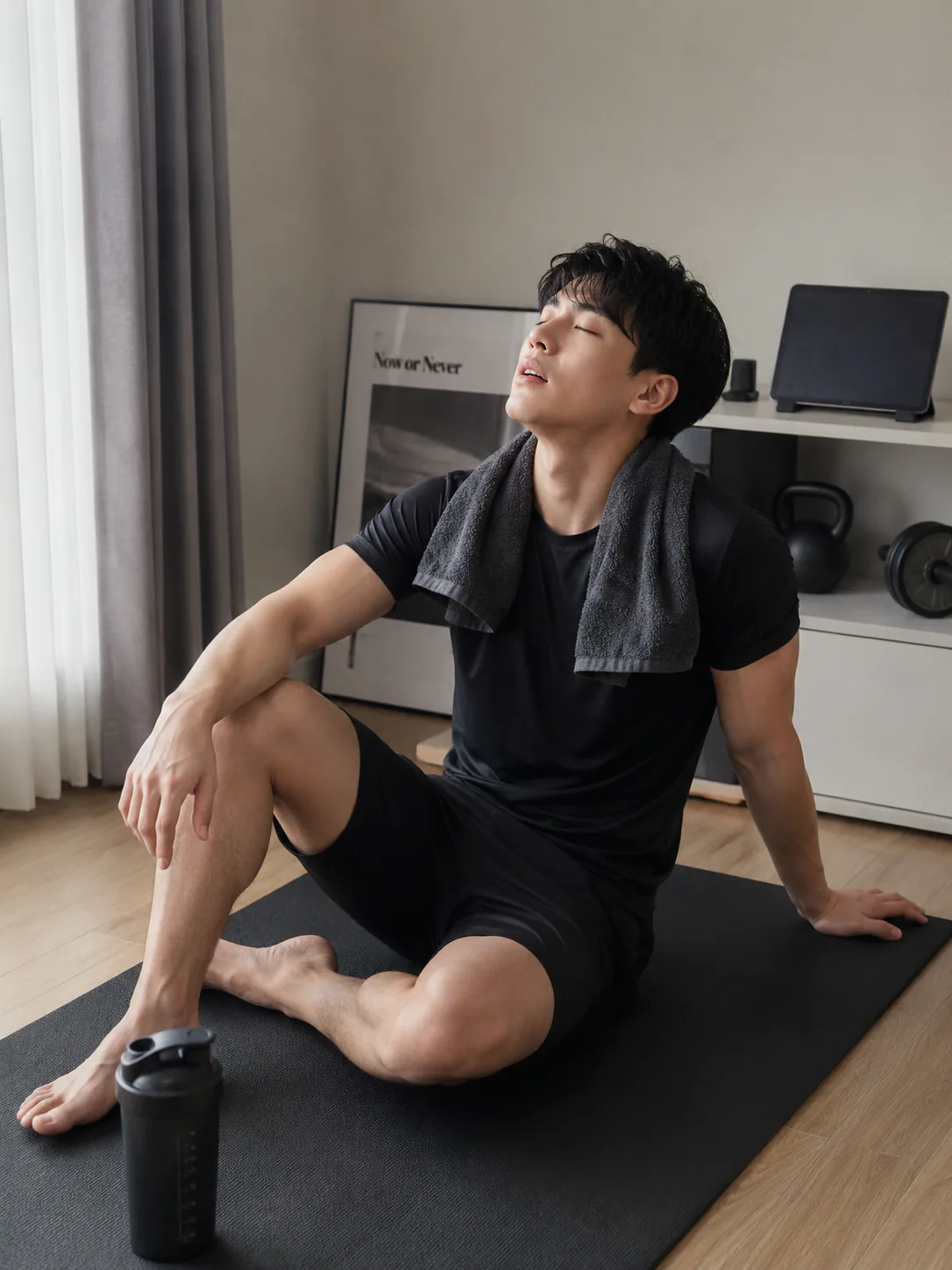 운동 후 매트 위에서 휴식을 취하는 사람
