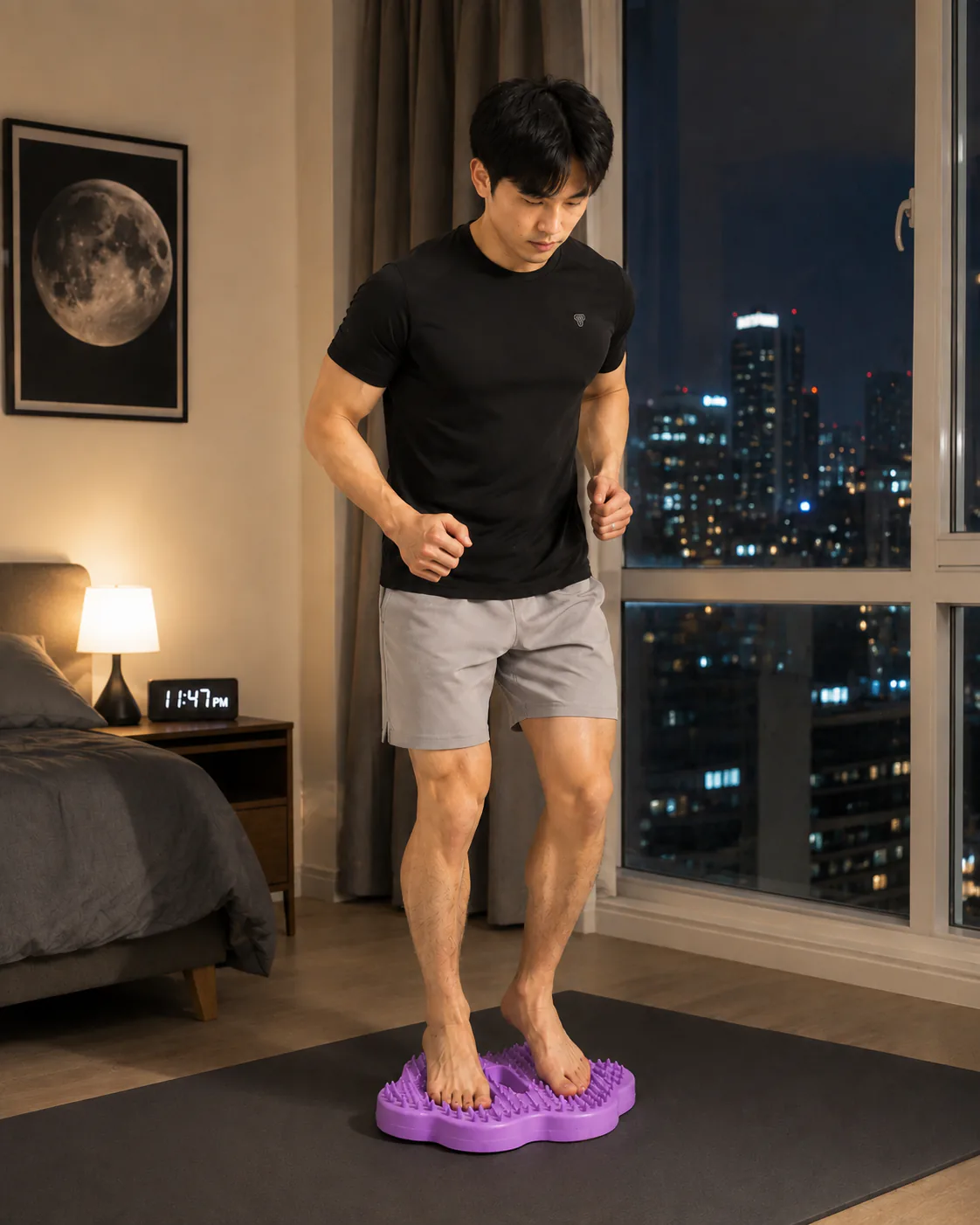 늦은 밤 침실 옆에서 지압 스텝퍼를 사용하는 모습