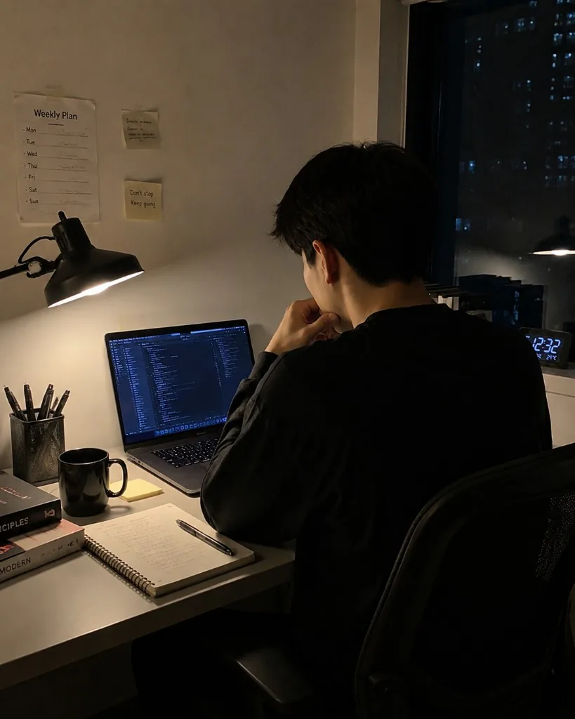 책상에서 장시간 작업 중인 모습