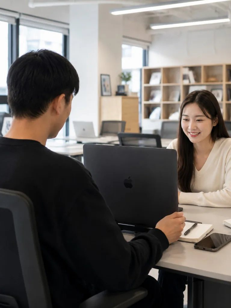 마주 앉은 상대에게 화면을 돌려 설명하는 모습